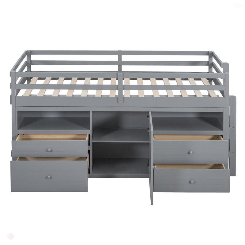 Lit mezzanine simple avec 4 tiroirs, sous l'armoire et les tablettes, gris