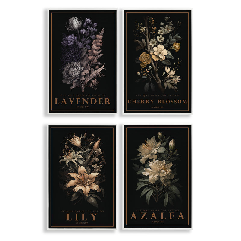 Ensemble de giclées encadrées 4 pièces antique variées Botanical Blooms, design par Chris Giampietro, 24x16