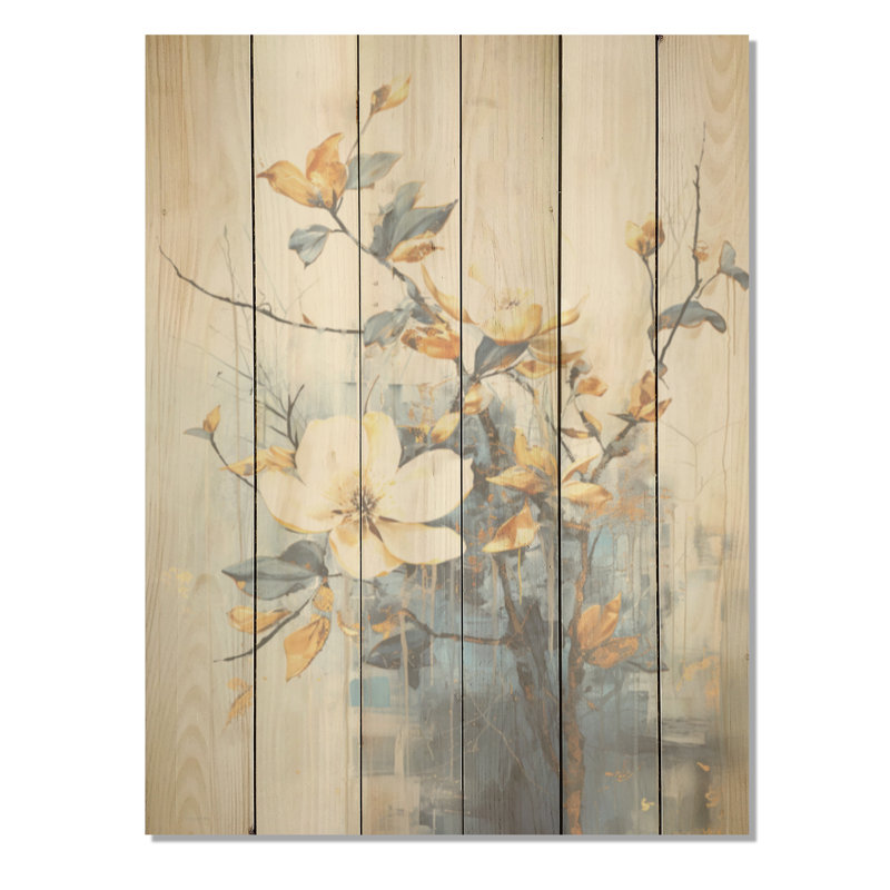 Art floral sur bois de pin naturel beige et bleu, H 20 po x l 10 po