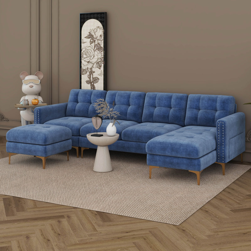 110" L-Shape Convertible Sectional Sofa Couch With Movable Ottoman, 5-Seat Couch With Chaise, Velvet Upholstered Sofa Couch
