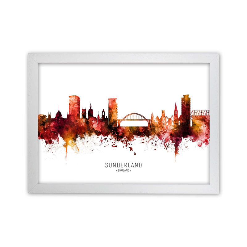 Sunderland England Skyline Red City Name by Michael Tompsett - Print, White Framed, 59.4cm H x 84.1cm W x 3cm D