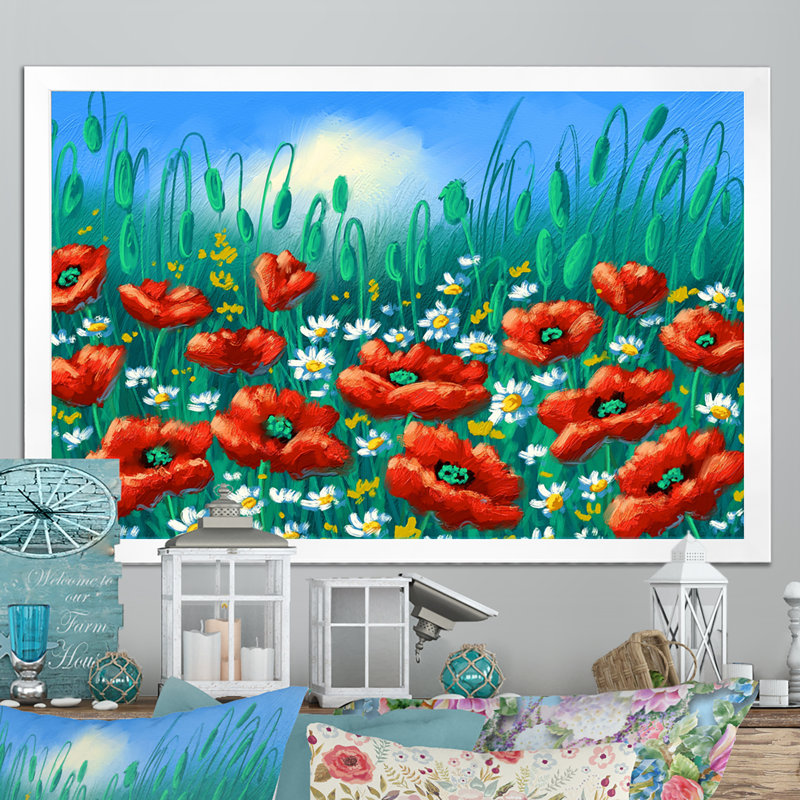 Paysage coquelicots - sur, H 8 po x l 12 po x P 1 po, Cadre d'angle fermé blanc