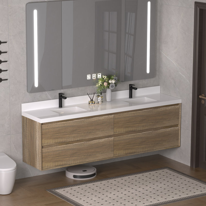 Meuble-lavabo double 84 po avec comptoir en quartz blanc et lavabos, 84