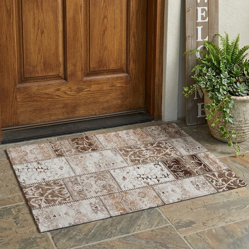 2' X 3' Taupe and Ivory Patchwork Washable Non Skid Indoor Outdoor Area Rug