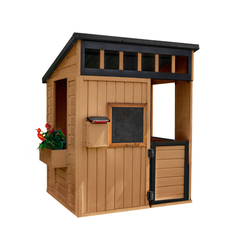 Backyard Discovery Caraway Cottage Cedar Wooden Kids Playhouse with Play Kitchen, Chalkboard, and Mailbox
