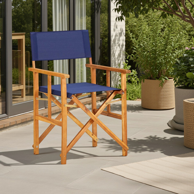 Ensemble de 2 chaises pliantes décoratives, bois d'acacia brun, bleu