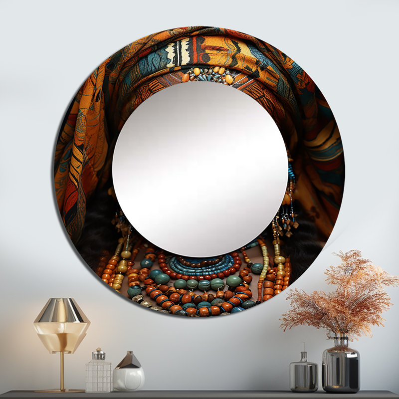 «African Adorned Beauty III» - miroir mural art africain, miroir décoratif rond turquoise, impression d'art en métal