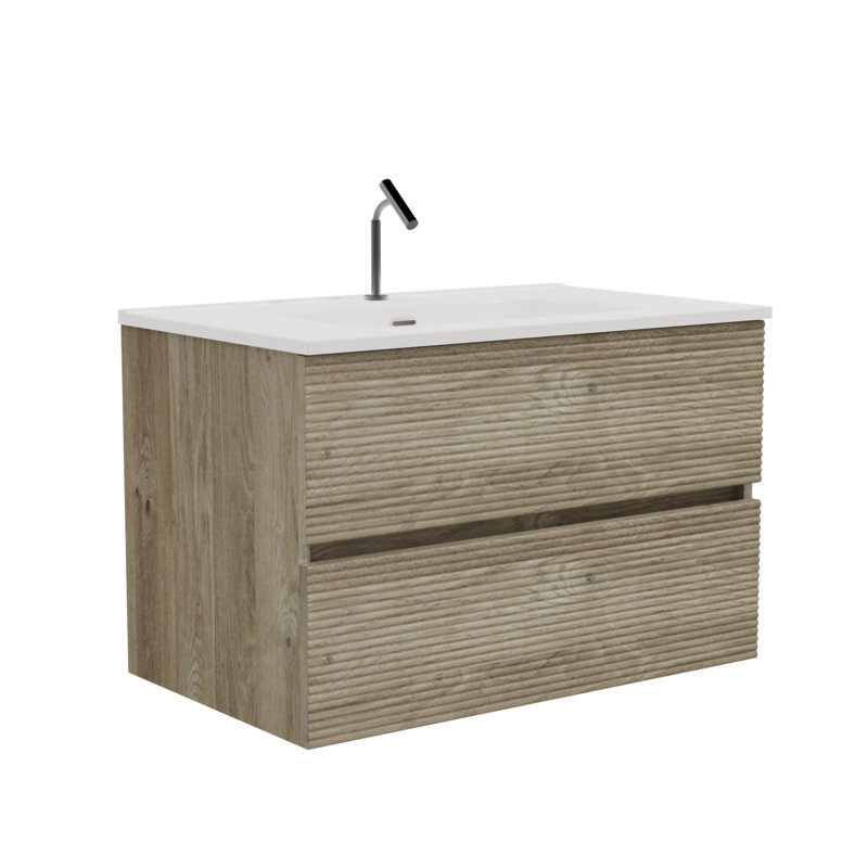 Meuble-lavabo mural en chêne brut et chêne brut de 30 po avec évier intégré en céramique avec trop-plein Gloria, Brun, 30"