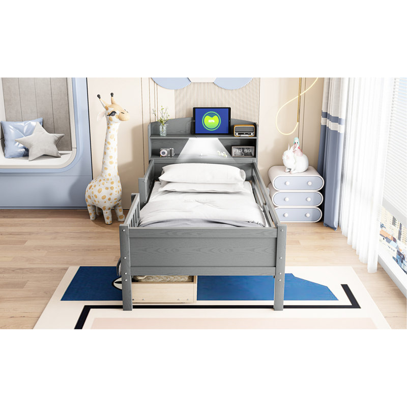 Lit plateforme simple en bois avec éclairage à DEL, tête de lit fonctionnelle, garde-corps et 2 tiroirs de rangement en lampe grise, multi-usage