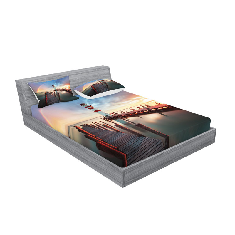 Ambesonne Lighthouse Fitted Sheet & Pillow Sham , Multicolor, California King Sheet Set + 4 Pillowcases