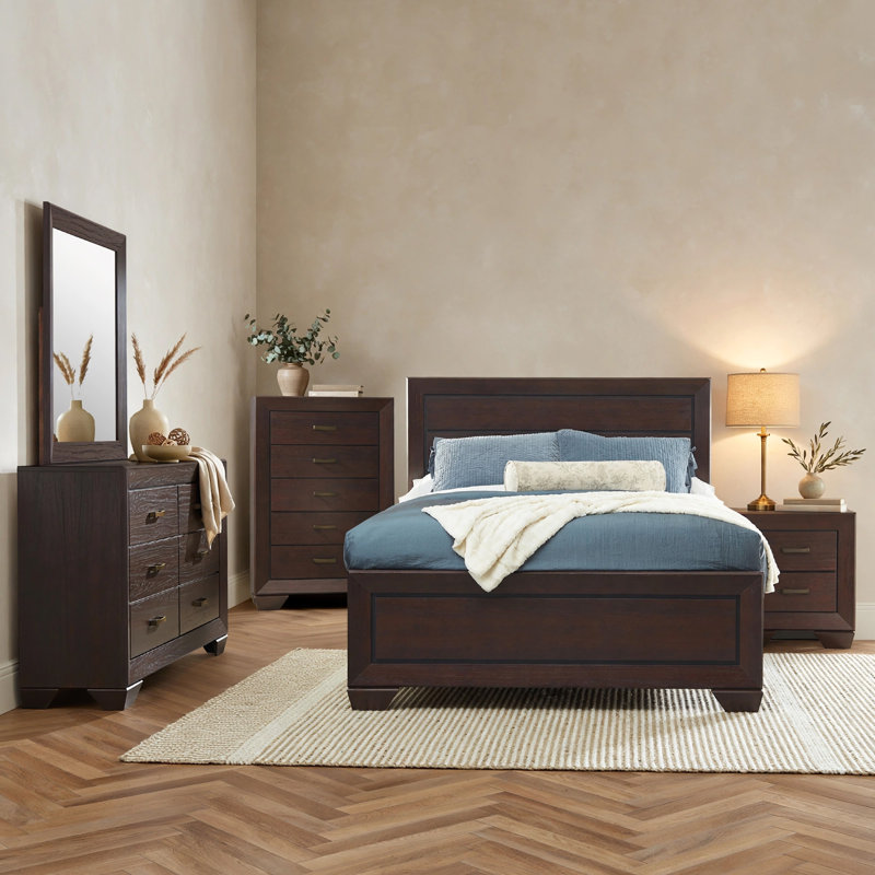 Ensemble de chambre à coucher grand format 5 pièces Bello, rainures encastrées, brun cacao foncé, Grand lit