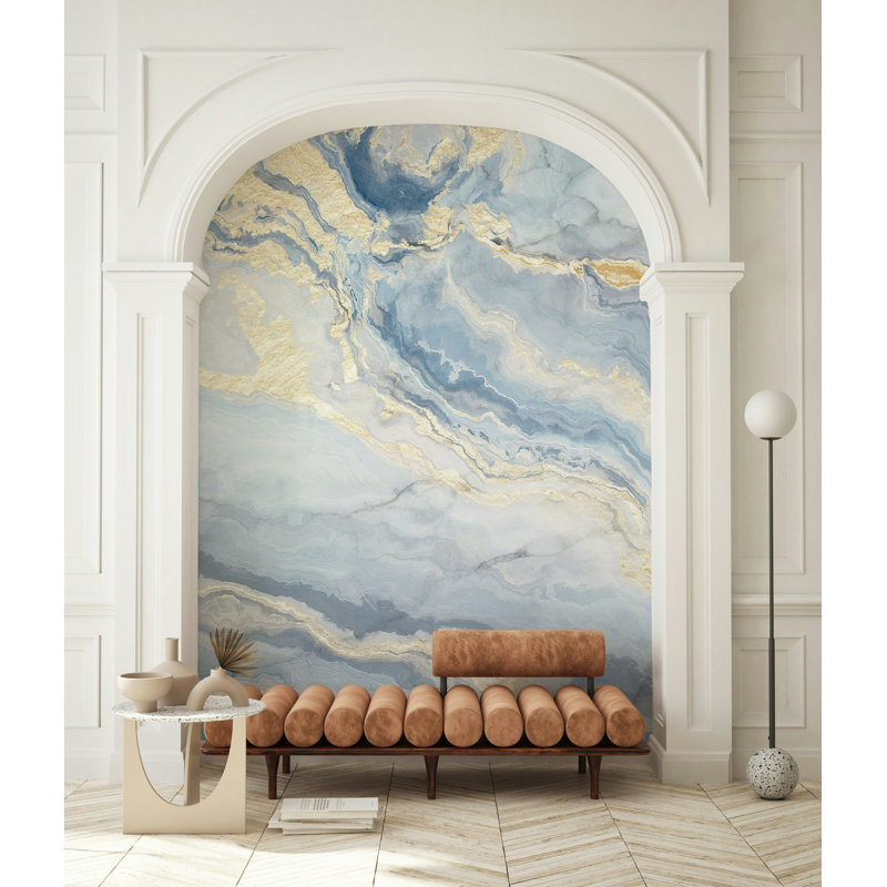 Blue Gold Marble Effect Wallpaper Modern Abstract, 106" L  x 187" W
