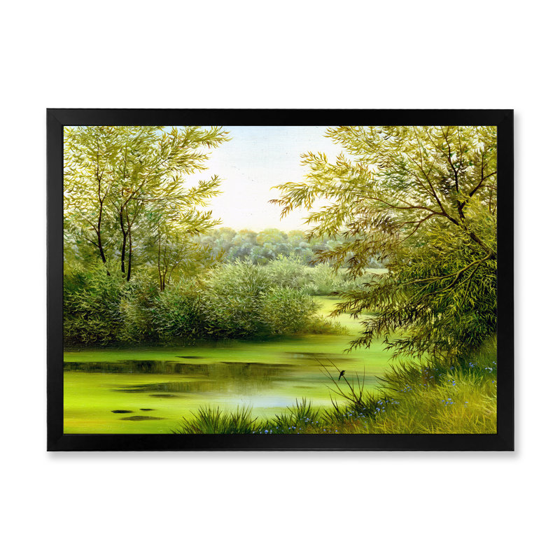 Étang vert avec arbres printaniers - Peinture sur toile, H 12 po x l 20 po x p 1 po, Cadre photo noir