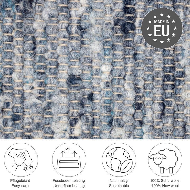 Wool Blue Area Rug, Runner 70 x 240cm