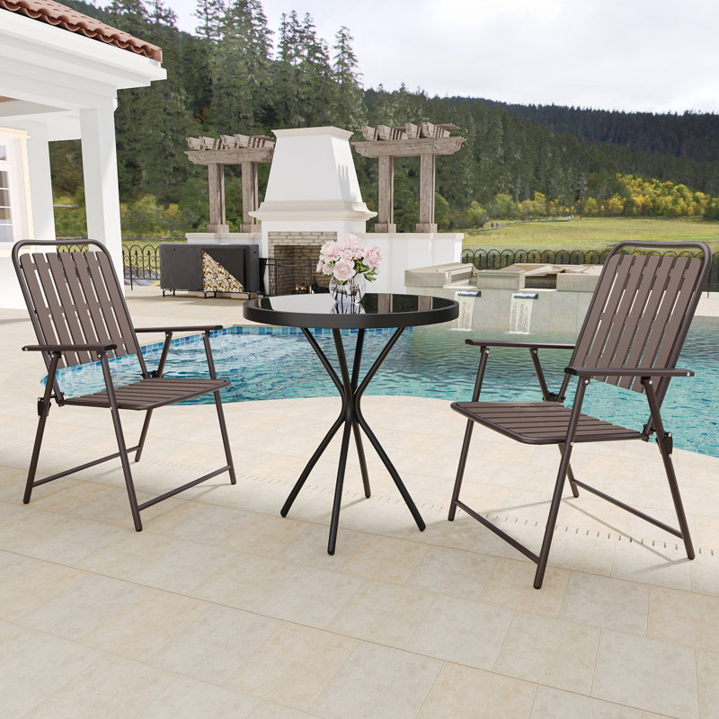 3-Piece Folding Bistro Set with Round Glass Table & 2 Metal Chairs,  All Weather Heavy Duty Table And Chairs Set Of 2, Brown