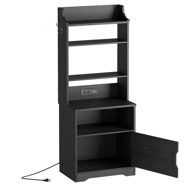 Nightstand with Charging Station, 55" Tall Bedside Table with Storage Cabinet and Adjustable Shelves, Black
