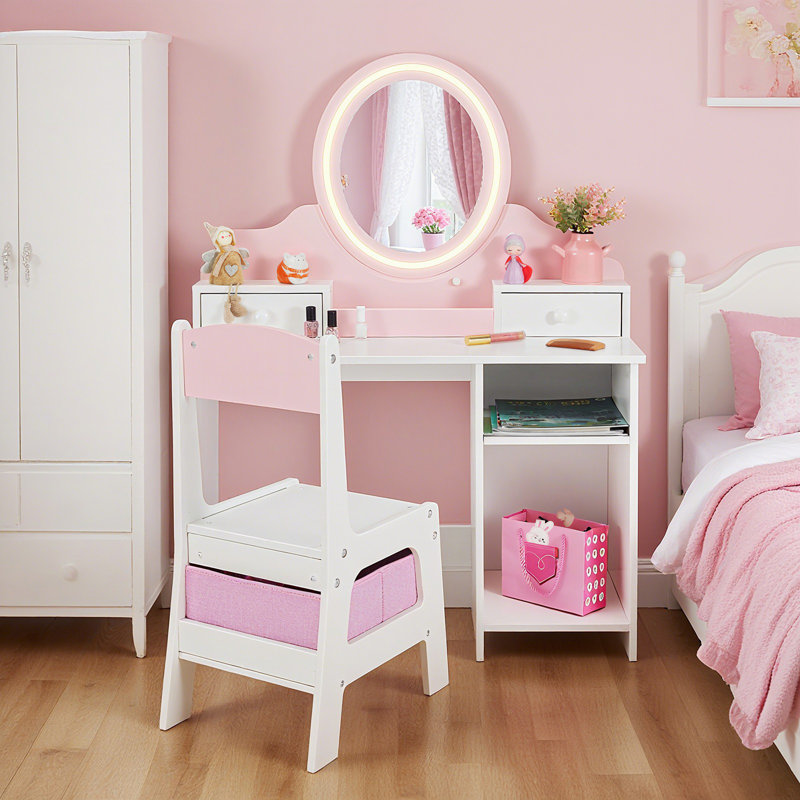 2 In 1 Toddler Vanity Table And Chair Set With Adjustable Light, Pink&white Makeup Vanity With 2 Drawer For Girls