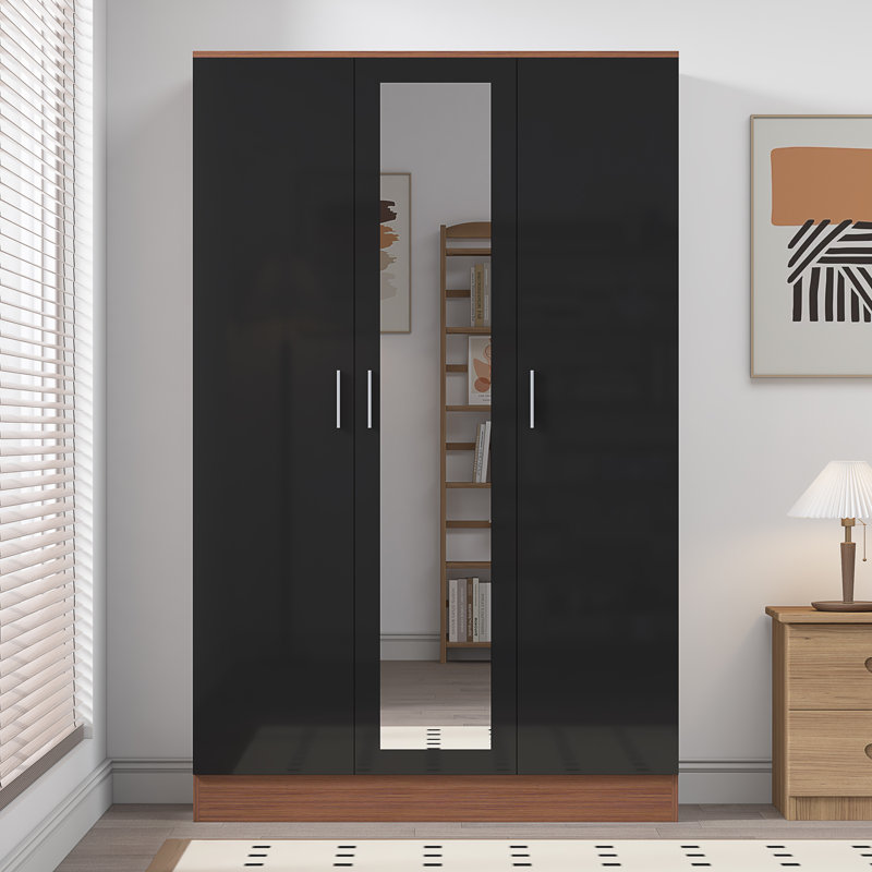 Eva High Gloss Mirrored 3 Door Wardrobe - H: 180cm x D: 47cm x W: 113cm, Walnut/Gloss Black