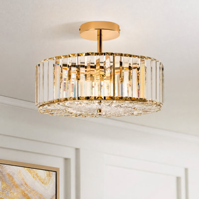  4 - Light Dimmable Crystal Drum Semi Flush Mount in Gold