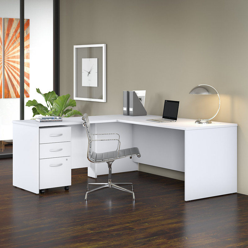 Bush Business Furniture Studio C L Shaped Desk with Mobile File Cabinet and Return - Reversible, White