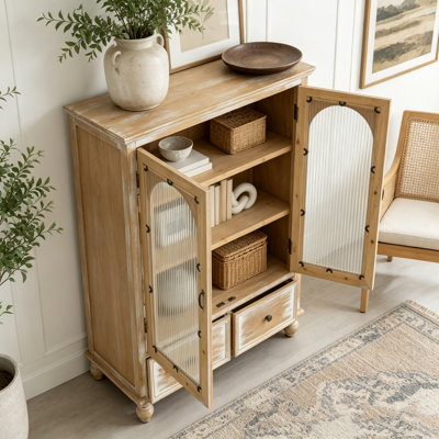 Armoire de rangement, garde-manger en bois vieilli avec 2 portes en verre et 2 tiroirs