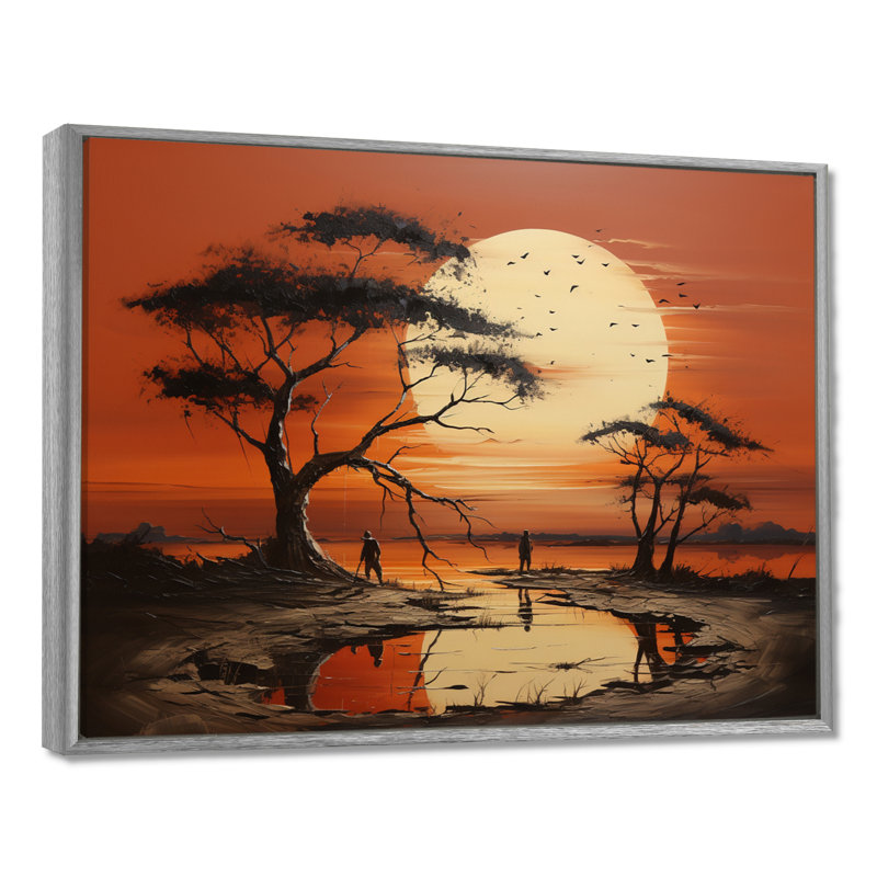 Coucher de soleil africain tribal I - art mural tribal africain, H 30 po x l 40 po x P 1,5 po, Encadrement argenté