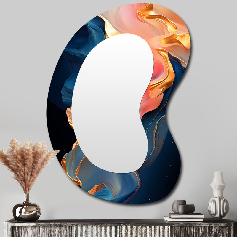 Encre liquide rose et or abstraite II - formes asymétriques abstraites - grand miroir mural moderne, 39 po x 28 po