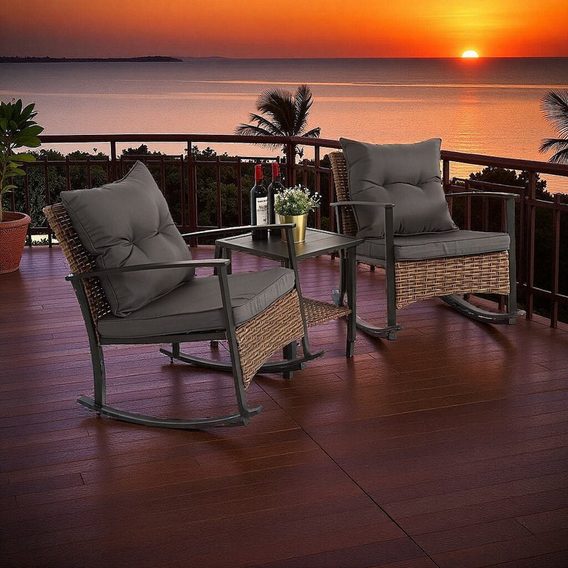 Ensemble de chaises berçantes d'extérieur de qualité supérieure - Ensemble bistro 3 pièces en osier et patio en métal avec coussins