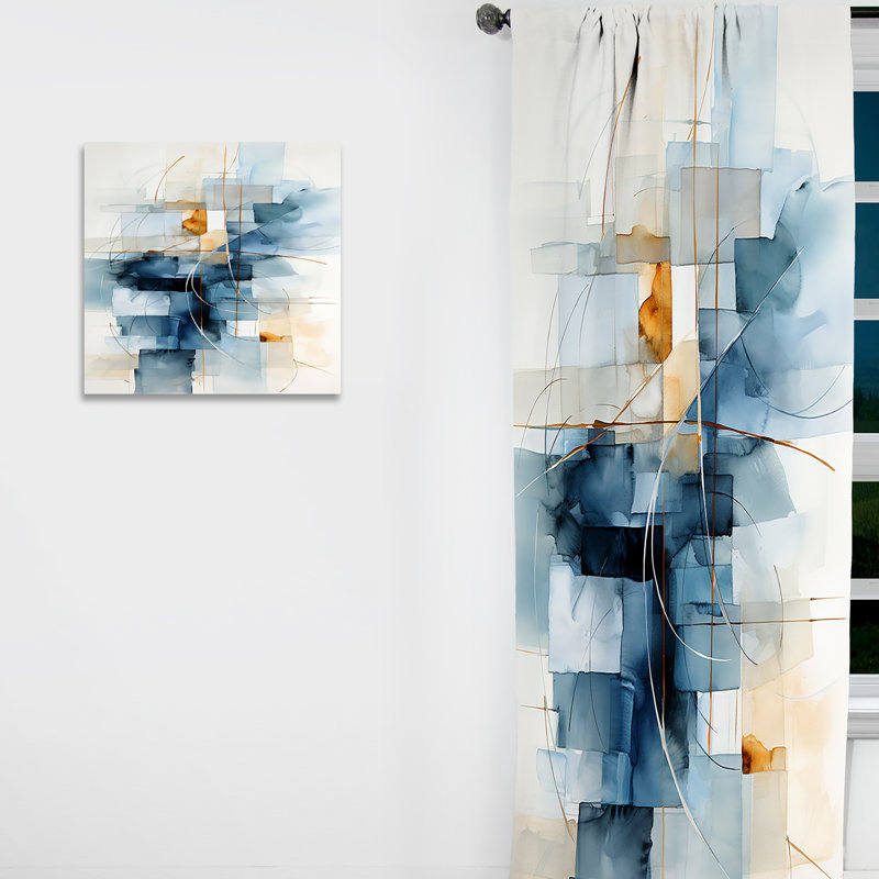 «Blue Grey Line Art Abstract Geometrics II», rideau obscurcissant abstrait, L 52 po x L 84 po