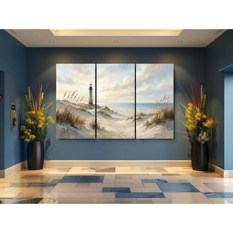 Reproduction d'art sur toile, "Serene Coastal Lighthouse Triptych" - Dunes de plage, art mural, TOILE LAMINÉE