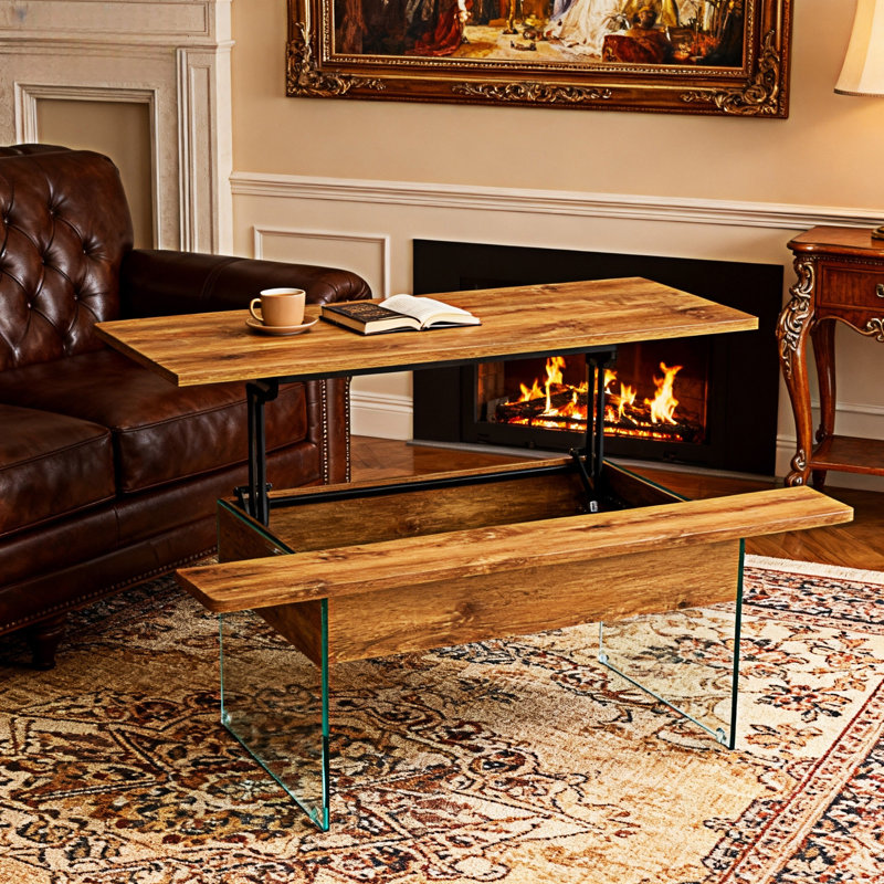 Table basse à plateau relevable avec rangement, Bois naturel