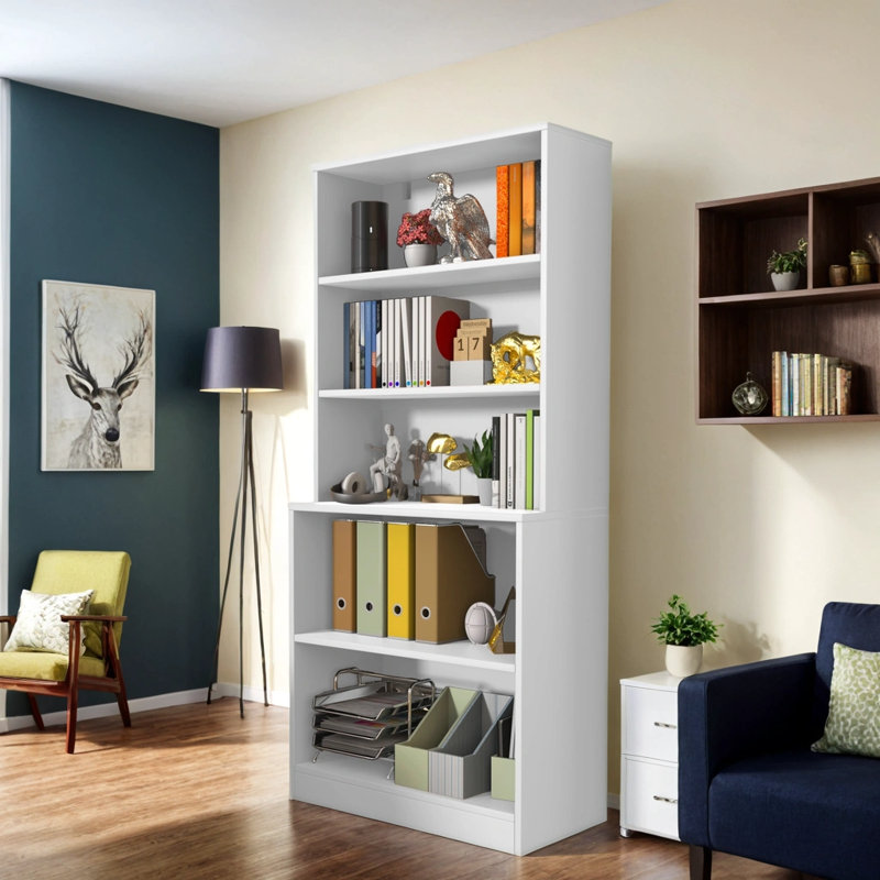 White 71" Tall 5-Tier Wood Bookshelf with Doors