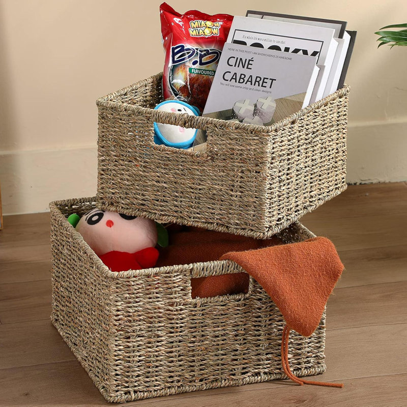 Paniers de rangement en osier pour l'organisation, paniers décoratifs tissés en ruppie maritime avec poignées de transport, ensemble de 2