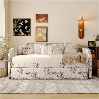 Upholstered Daybed With Pop-Up Trundle USB Charging Ports, Botanical Print