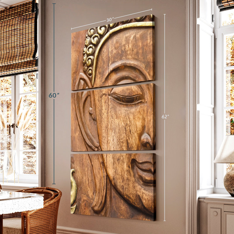 Bouddha en bois sculpté 3 pièces, H 62 po x l 30 po x P 1,25 po