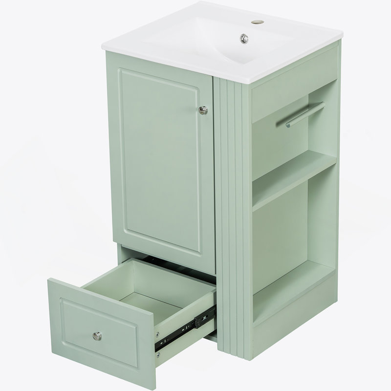 Meuble-lavabo autoportant avec lavabo, armoire de rangement avec tiroir à fermeture en douceur, tablettes latérales ouvertes