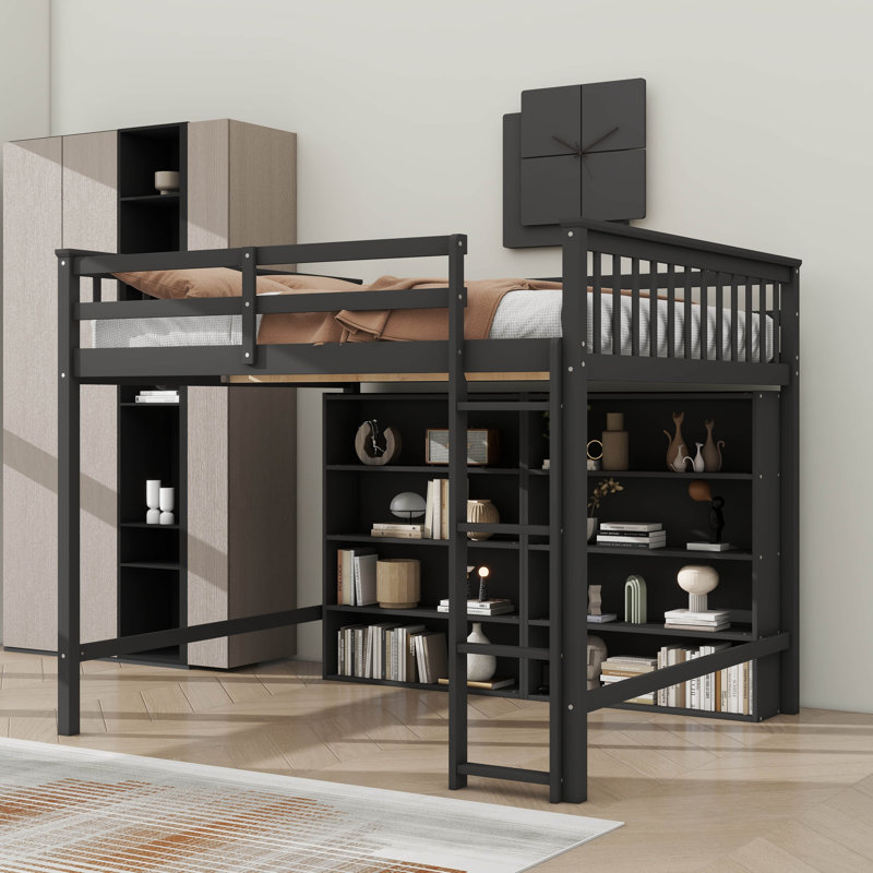 Lit mezzanine Jimmya avec 8 tablettes de rangement ouvertes et échelle intégrée, Simple, Gris antique