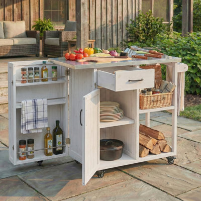 Îlot de cuisine extérieur verrouillable avec plateau en acier inoxydable et porte-serviettes et porte-épices