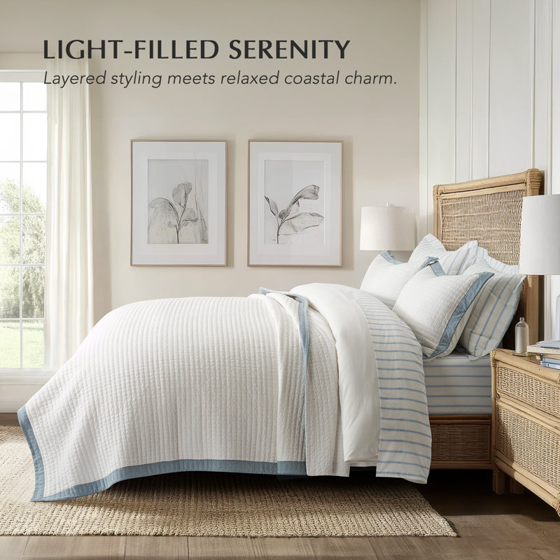Border Frame Cotton Pick-Stitch Channel Quilt Set, Blue Linen, King Quilt + 2 King Shams
