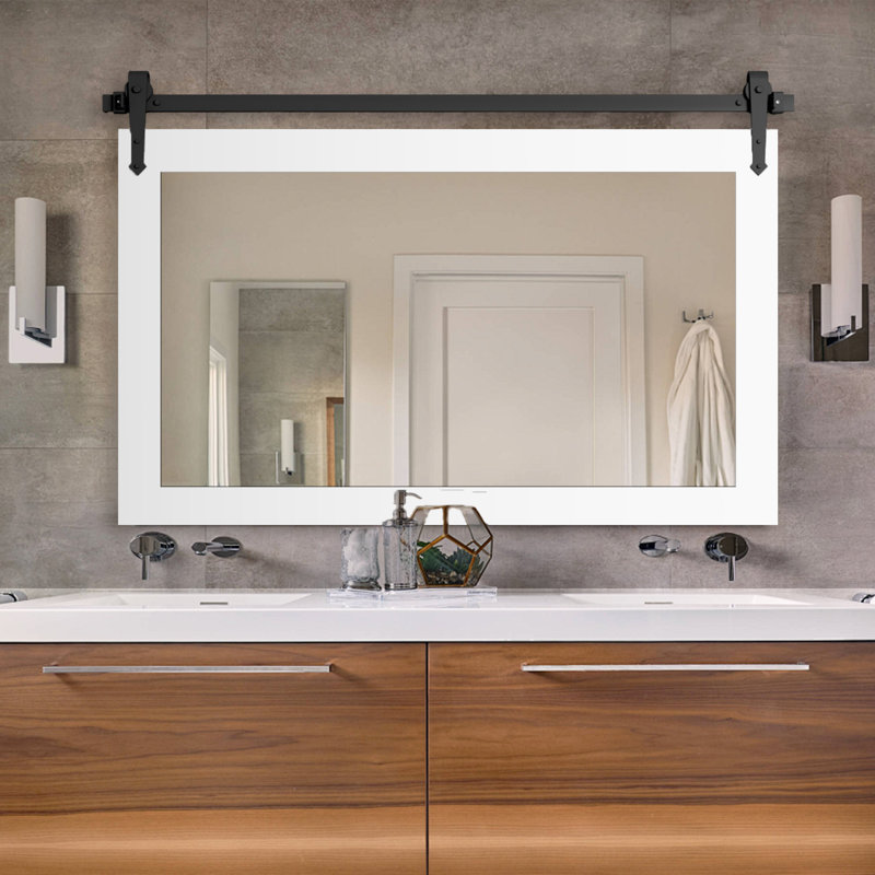 Rustic Farmhouse Solid Wood Accent Mirror Decorative Mirror Rectangle Bathroom Mirror Barn Wall Mirror, 27.4" x 41.5", White