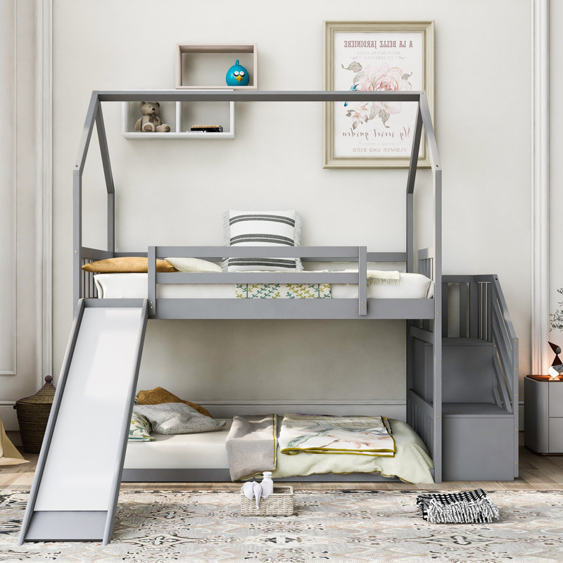 Twin over Twin Bunk Bed with Slide & Storage Staircase, Convertible Left or Right, Pinewood Kids Bunk Bed,Gray, Gray