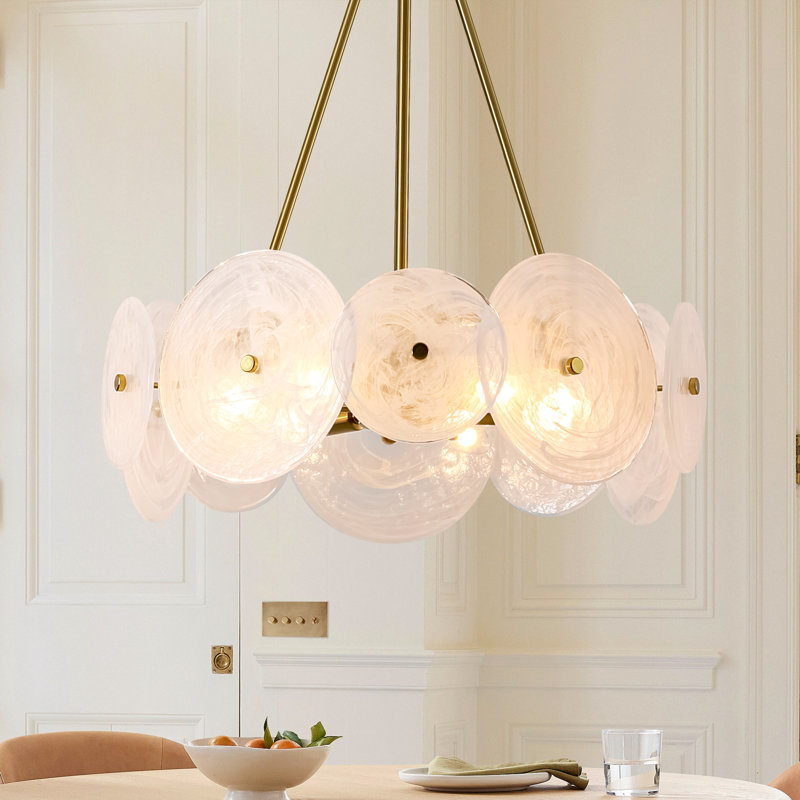 Luminaire 6 - Light Brass THandblown Cloud Glass Shades  Chandelier for Dining Room