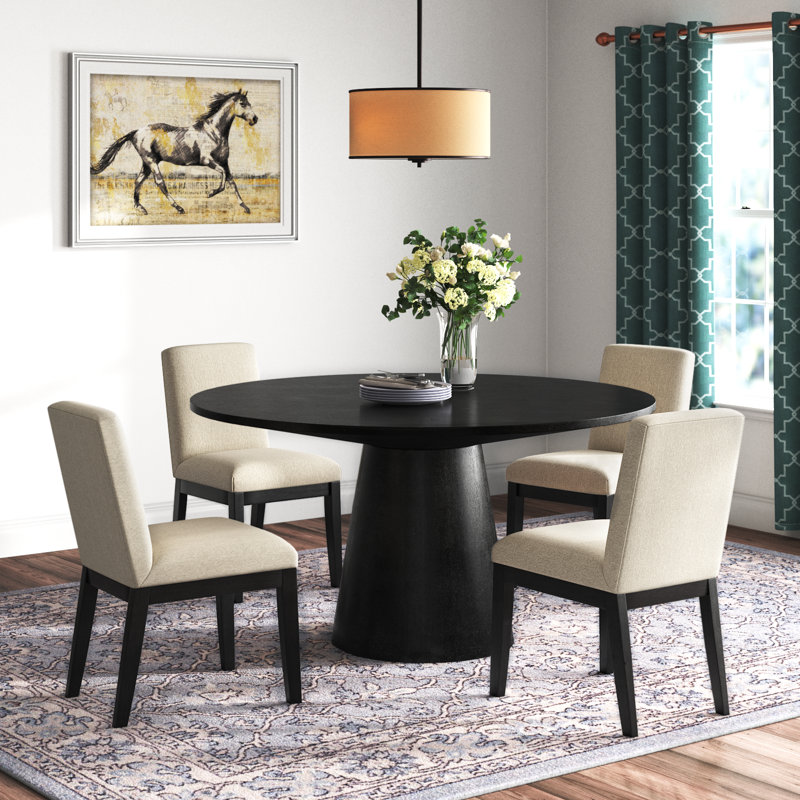 Arwilla Ebony Black 5 Piece 59"W Contemporary Round Dining Table Set with Pedestal Base and Beige Fabric Chairs, Black/Black