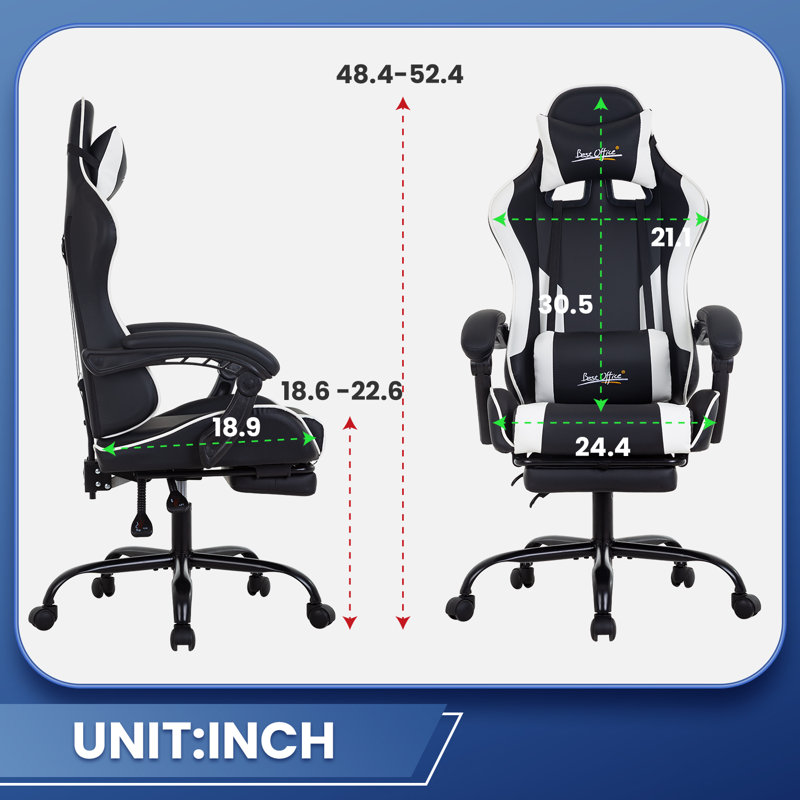 Fauteuil de jeu ergonomique en similicuir, Blanc / noir
