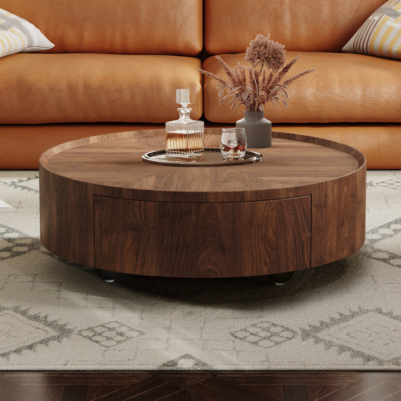 Walnut Wood Grain Pattern Round Coffee Table With Dual Drawers For Living Room, 12.6" H x 31.5" L x 31.5" W
