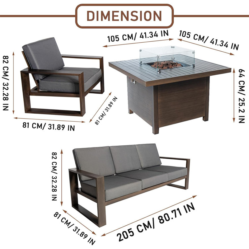 Ensemble de table de foyer d'extérieur 4 pièces 41,34 po avec 4 fauteuils + canapé 3 places