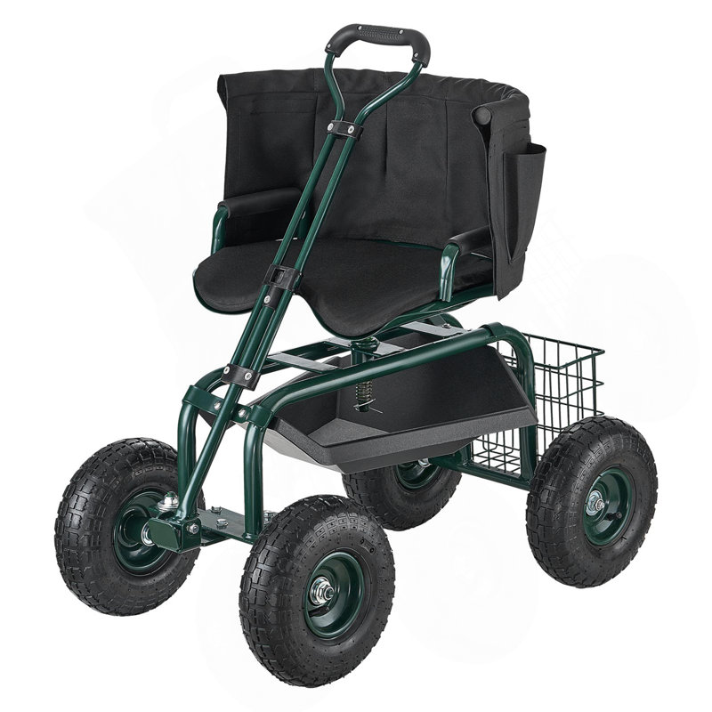 Chariot de jardin roulant avec siège pivotant et poignée extensible