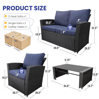 4 Piece Outdoor Patio Furniture Set,Wicker Conversation Sets Outdoor Sectional Patio Sofa Couch With Cushions & Coffee Table For Outside