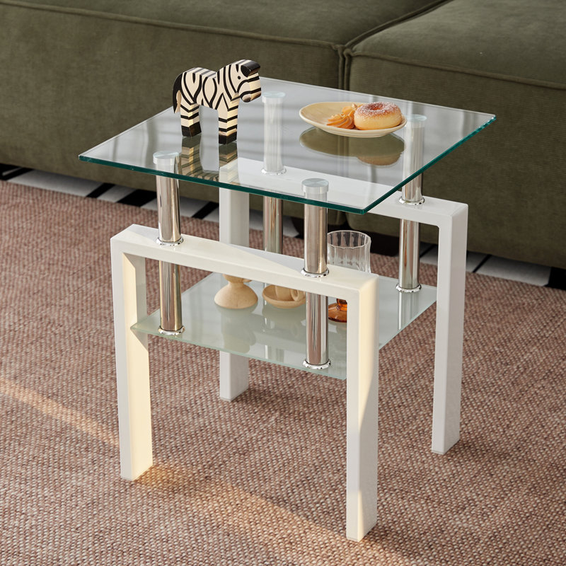 Table d'appoint en verre trempé transparent, 2 espaces de rangement pour un salon confortable, un incontournable