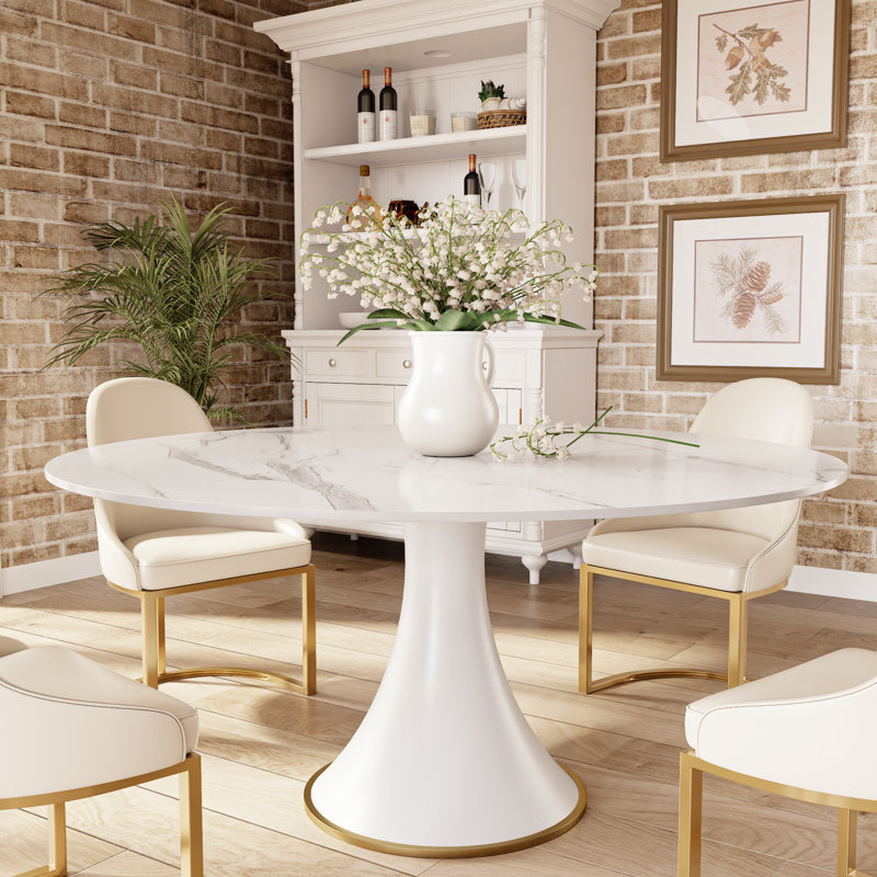 Ensemble de table ronde blanc pierre, 9 pièces : table, 8 chaises, H 29,52 po x l 59 po x P 59 po, Blanc neigeux
